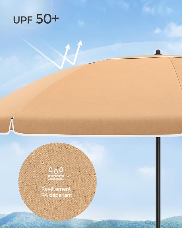 Detalle 1 de SONGMICS parasol inclinable 200 cm UPF 50+ (hauteur réglable, 30° dans les 2 sens) taupe