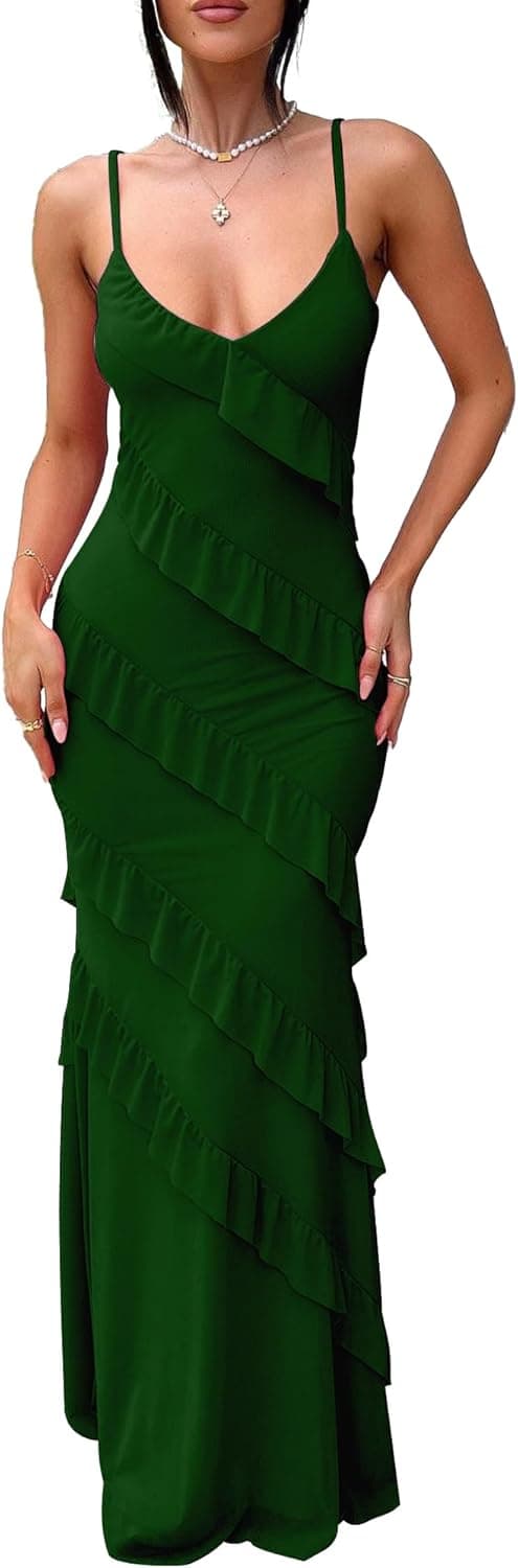 Detalle de HOCILLE Women’s V-Neck Backless Bodycon Maxi Dress with Ruffle Tassel Accents