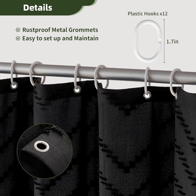 Detalle de Siiluminisoy Black Boho Fabric Shower Curtain (72 x 72) with Tufted Chevron Design