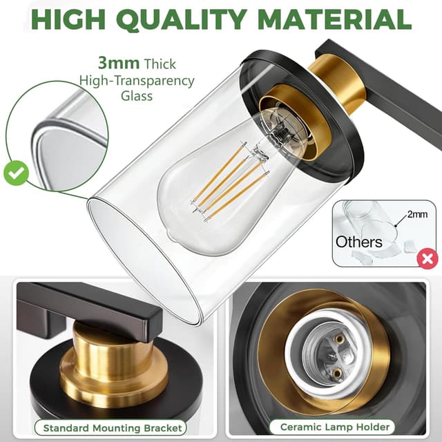 Detalle 1 de DORESshop 3-Light Black and Gold Bathroom Light Fixture (Clear Glass Shades) — ETL Listed, E26