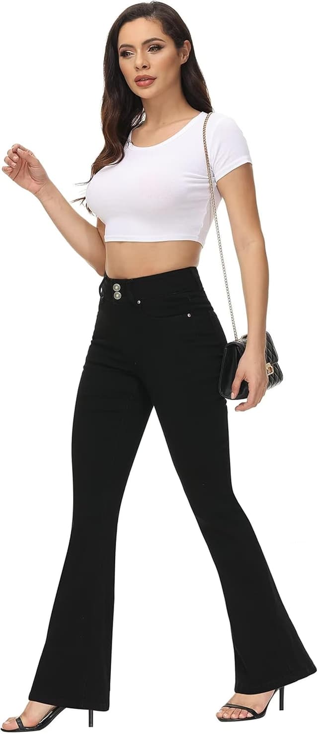 Detalle 1 de KDF High Waisted Flare Jeans for Women with Belt, Stretch Wide Leg Bell Bottom Fit