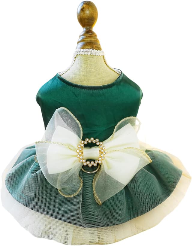 Detalle de BT Bear Small Dog Dress (Green, M) – Puppy Skirt with Retro Bow & Lace Princess Tutu