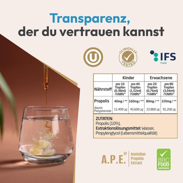 Detalle 2 de BEE&YOU Propolis Tinktur Tropfen 10% (30 ml), alkoholfrei & wasserlöslich