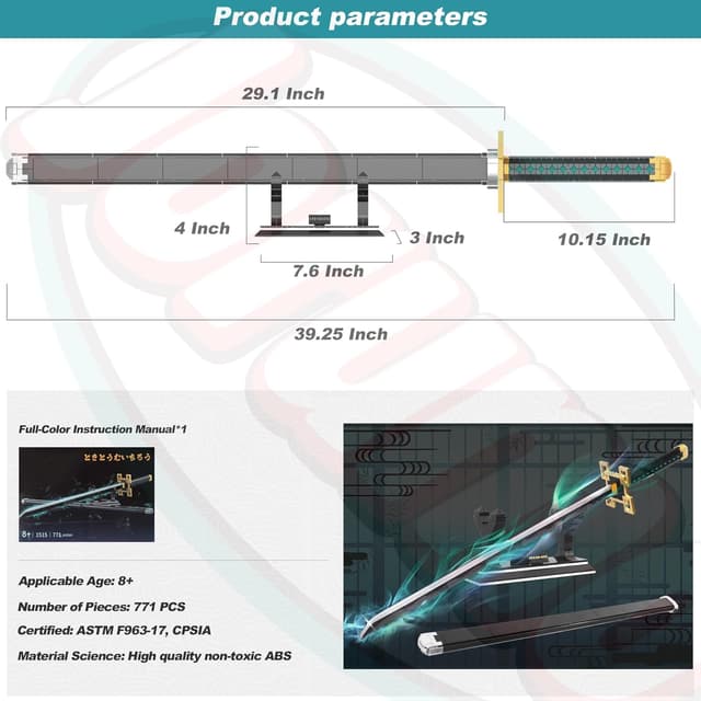 Detalle 2 de Jorumo Swords Building Sets: 40in Tokitou Muichirou Sword (771-Piece Anime Katana Set with Scabbard & Stand)