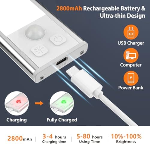 Detalle 2 de Ylatoial Luz de armario con sensor de movimiento recargable magnética 41 cm, 3 temperaturas de color