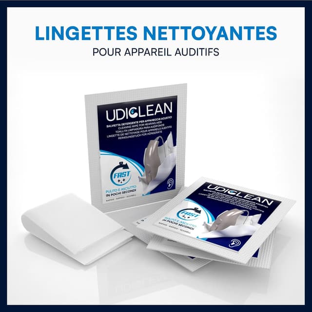 Detalle 2 de 200 lingettes humidifiées Udiclean, emballées individuellement, pour appareils auditifs et implants cochléaires