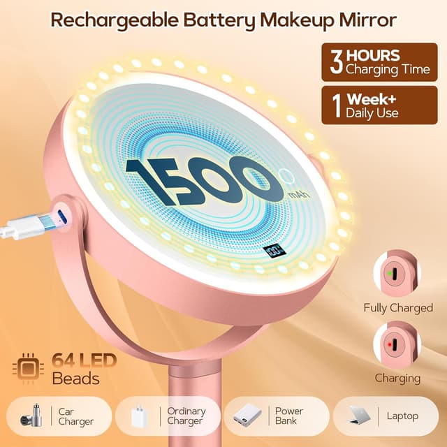 Detalle de B Beauty Planet Magnifying Mirror with Light 30X/1X (Double Sided, Rose Gold) with 3 Light Modes, Adjustable Height & 360° Rotation