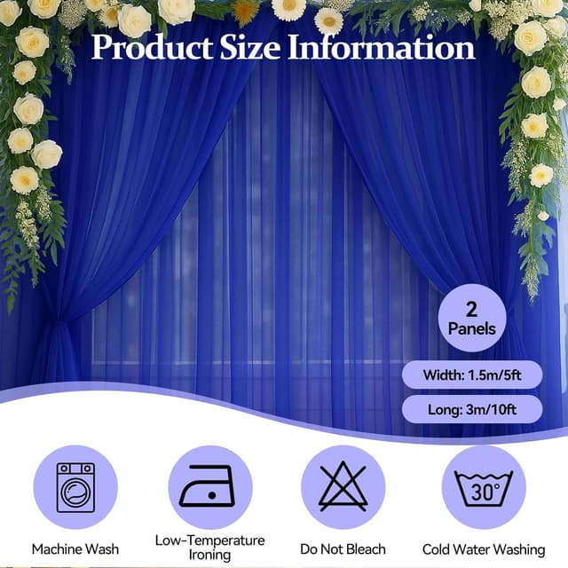 Detalle 2 de EMART Blue Backdrop Curtains (tulle chiffon), 2-panel set for 3x3m stage & photo backdrops