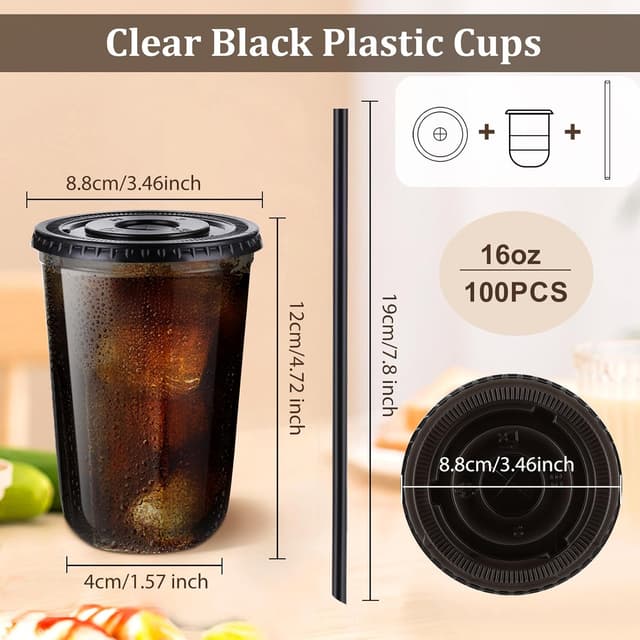 Detalle 2 de tchrules 100 Set 16oz Plastic Cups with Lids and Straws (Black Clear Iced Coffee Cups)