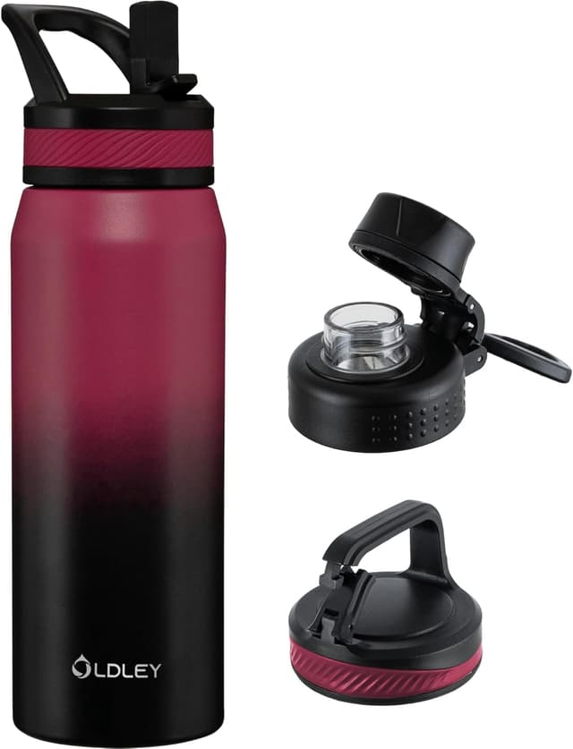 Detalle de OLDLEY 750ml insulated water bottle with straw and 3 lids (stainless steel, BPA-free)