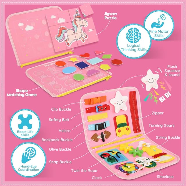 Detalle de Toddler Sensory Busy Board Travel Toy Activity Book (Ages 3–4) for Fine Motor Skills