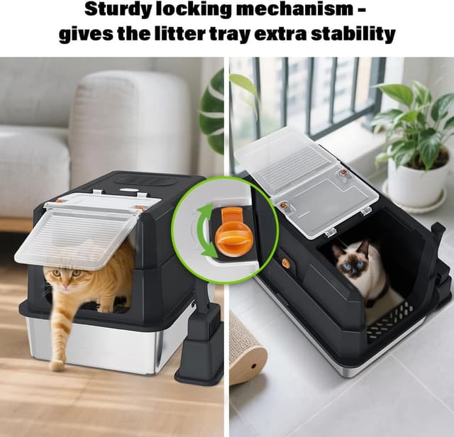 Detalle de SZEE Stainless Steel Cat Litter Tray with Lid (Black) — spacious, easy-clean litter box for odour control