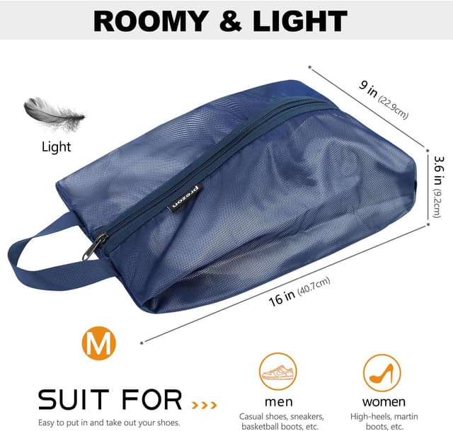 Detalle de Prezon Travel Shoe Bags (Water Resistant TPU Mesh) with YKK Zipper – unisex shoe storage pouch