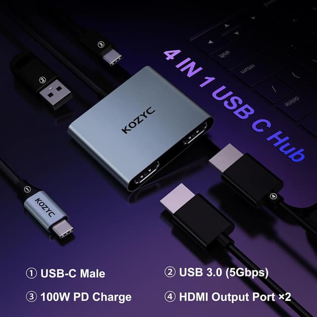 Detalle 2 de KOZYC Adaptador USB C a HDMI Dual 4 en 1