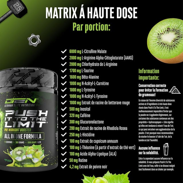 Detalle de GEN German Elite Nutrition Push it to the Limit — Pré-workout avec L-Arginine, Citrulline, caféine et rhodiola (360 g, kiwi raisin)