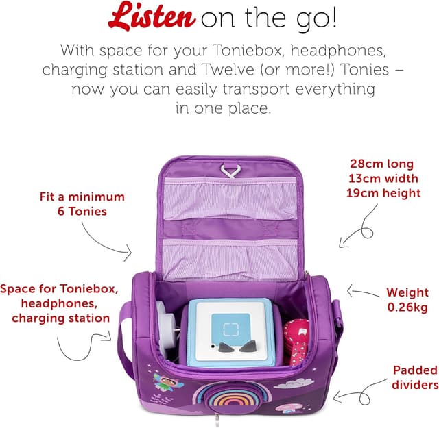Detalle 2 de tonies Listen & Play Bag – Over The Rainbow carry bag for Toniebox, headphones, charging station and six+ tonies