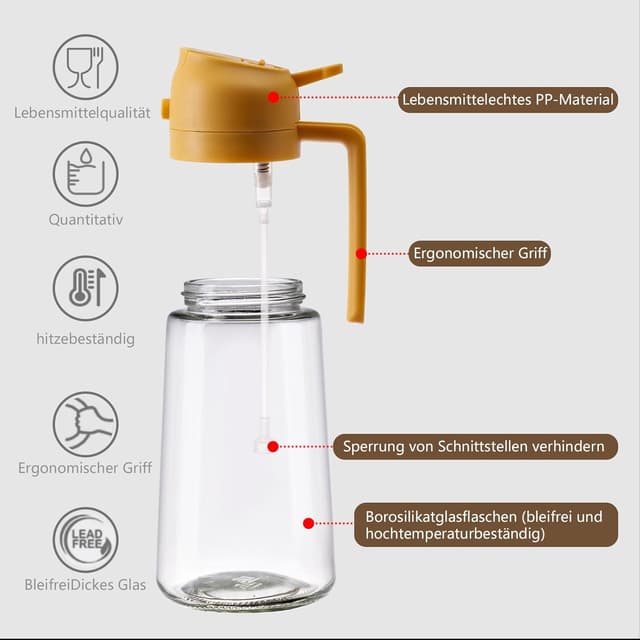 Detalle de SWEET VIEW 2-in-1 Ölsprüher und Ölspender mit Glasflasche, 470 ml (gelb) – zum Kochen, Grillen & Heißluftfritteuse