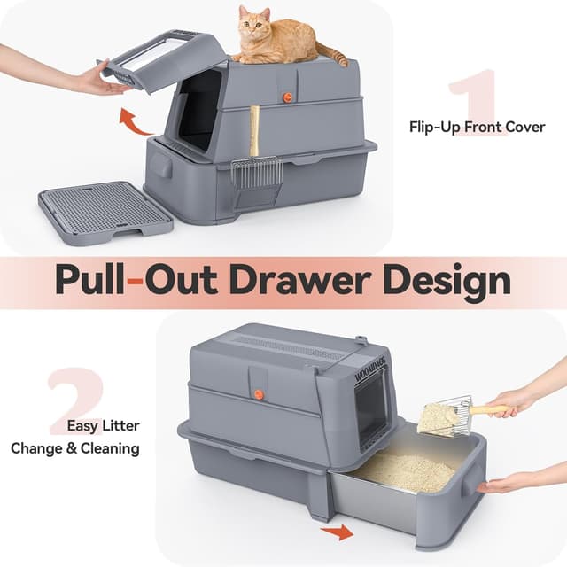 Detalle 2 de Wooaidagg Edelstahl-Katzentoilette mit Deckel und Geruchskontrolle (geschlossen, mit Aktivkohlefilter) – dunkelgrau