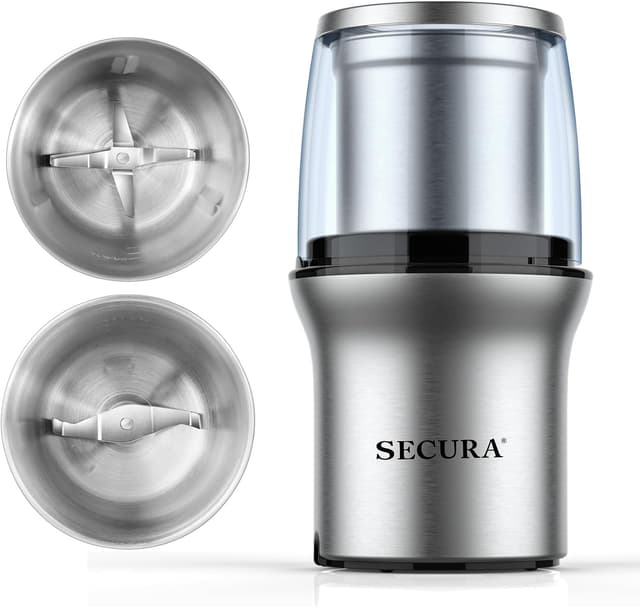 Detalle de Secura Electric Coffee Grinder and Spice Grinder with 2 Stainless Steel Blades and Removable Bowls