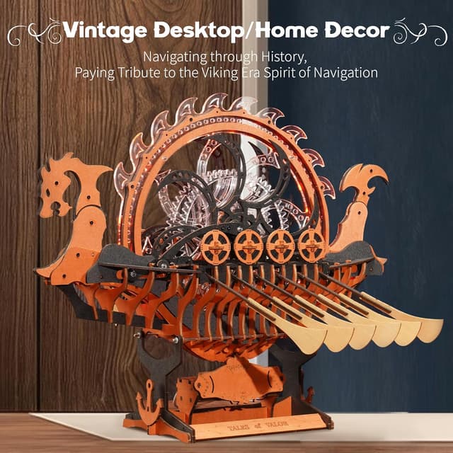 Detalle de Robotime LK802 Viking Dragon Ship 3D wooden model kit with motor and LED light