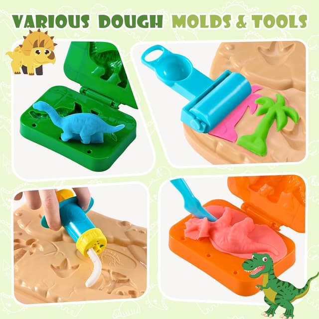 Detalle 2 de Crelloci Dinosaur Colour Dough Set (26 pcs) with Tools, Moulds and Portable Wheeled Case