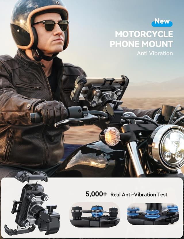 Detalle de JOYROOM Motorcycle Phone Mount Holder with Dual Vibration Dampener (150 mph) and Metal Handlebar Clamp