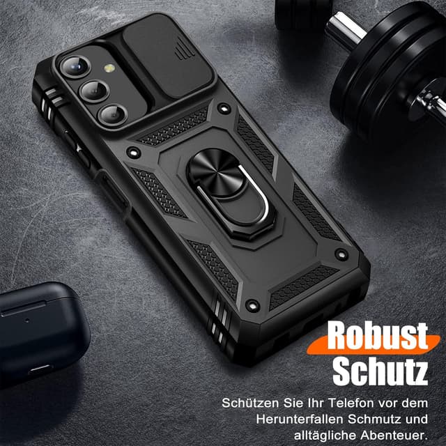 Detalle 2 de Giyer Panzerhülle für Samsung Galaxy A16 5G inkl. Schutzfolie, Kameraschutz und 360° Metall-Ring-Ständer (Schwarz)