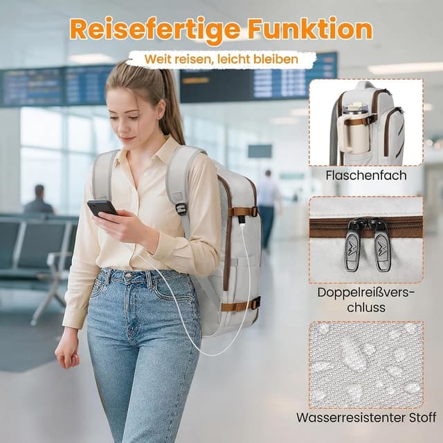 Detalle de MATEIN Ryanair Handgepäck 40x30x20 Cloud Dancer – Rucksack mit 15,6-Zoll-Laptopfach und USB-Ladeanschluss