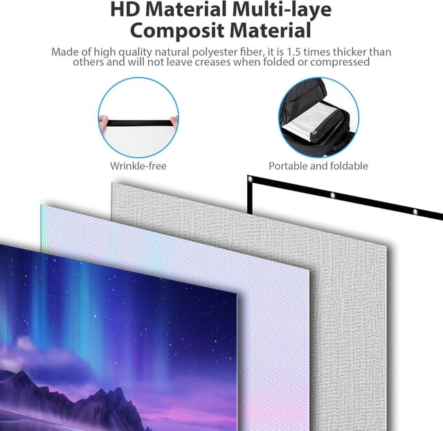 Detalle 2 de Schermo per proiettore 120 pollici LEORFI, telo portatile 16:9 4K/Full HD, doppia faccia anti-rughe (275×156 cm)