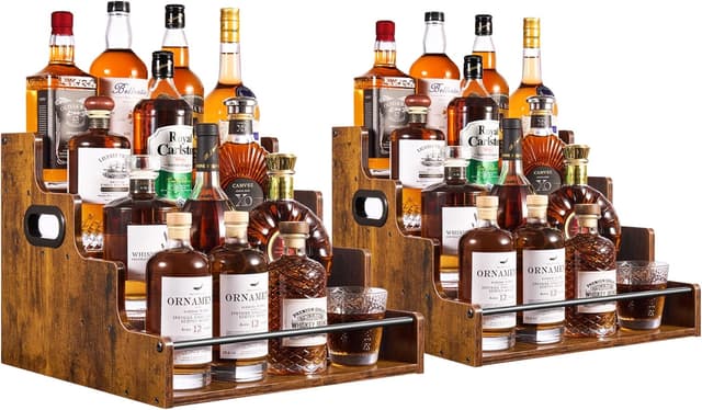 Detalle de YQBRAO 2 Pack 4-Tier Liquor Bottle Display Shelves (16-Inch) in Rustic Brown
