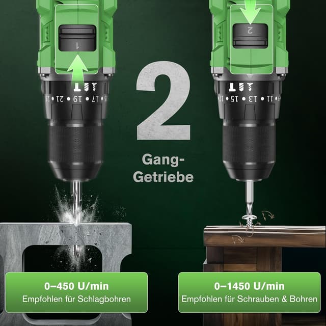 Detalle de Ginour 21V Bürstenloser Akku-Schlagbohrschrauber-Set (50 Nm) mit 2×2Ah Akkus, 10-mm-Schnellspannfutter, 47-teiligem Zubehör & Koffer