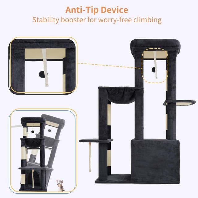 Thumbnail 6 de Heybly Kratzbaum 120 cm mit XL-Basis, XL-Top-Plattform, 6 Sisal-Kratzsäulen und Hängematte (Rauchgrau, HCT026G)