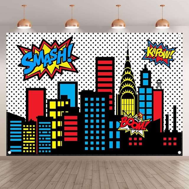 Detalle 2 de Luminora 7x5ft Superhero Photography Backdrop (Cartoon Cityscape & Skyline) for Kids Photo Booth