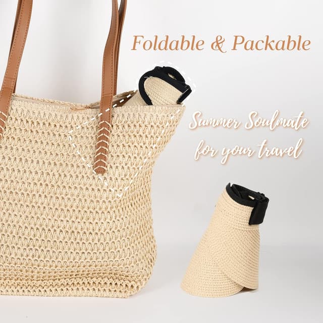 Detalle de FURTALK Women’s Sun Visor Hat (Straw) with UPF 80+ and Packable Ponytail Fit