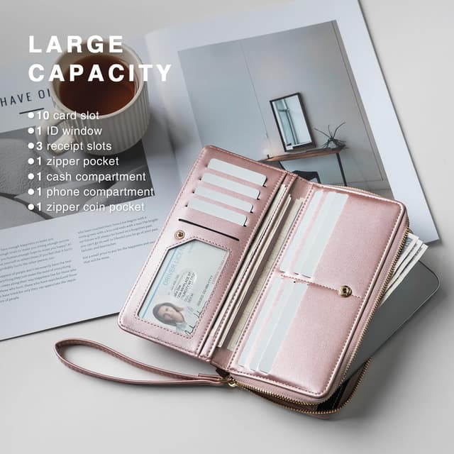 Detalle de Vulkitty grand portefeuille RFID pour femme en cuir végane rose brillant avec dragonne