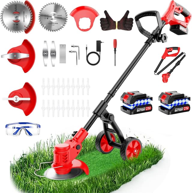Detalle de Reffmov cordless grass strimmer with wheels and 2× 2.0 Ah batteries (21V) for edging and lawn mowing
