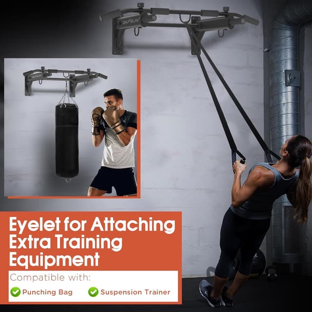 Detalle de DH FitLife 4-in-1 Wall-Mounted Pull Up Bar (Chin-Up Bar, 3 Hooks & Expansion Anchors) – Up to 200 kg