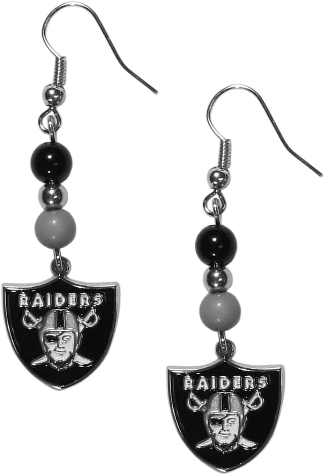 Detalle de NFL Siskiyou Sports Las Vegas Raiders Women’s Fan Bead Dangle Earrings (Team Color, black) — Hypoallergenic Fishhook Posts