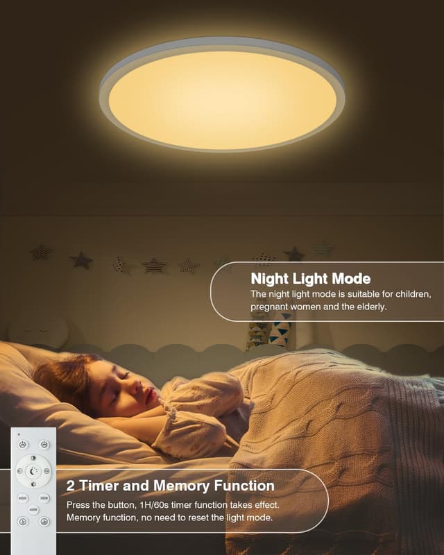 Detalle de Bowfar LED Deckenleuchte 24W rund (Ø29 cm) mit Fernbedienung, dimmbar 3000K–6500K, flach