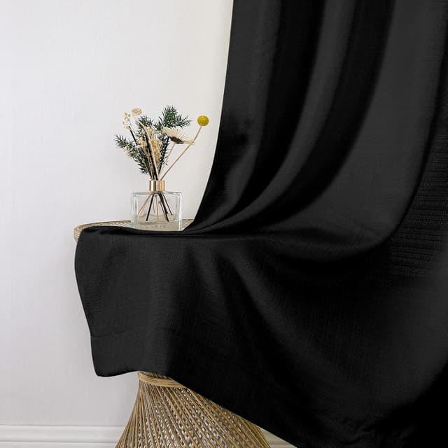 Detalle 2 de Chyhomenyc Black Faux Linen Light Filtering Curtains, 84 Inches Long (2 Panels)