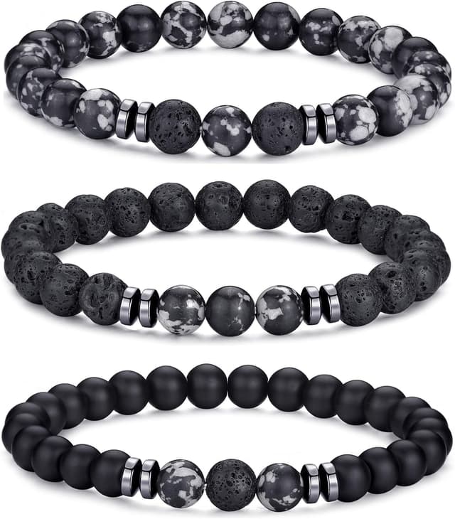 Detalle de RANKEEF Perlenarmband Herren Set mit Tigerauge- und Lavastein-Perlen (8 mm, Stretch, verstellbar)