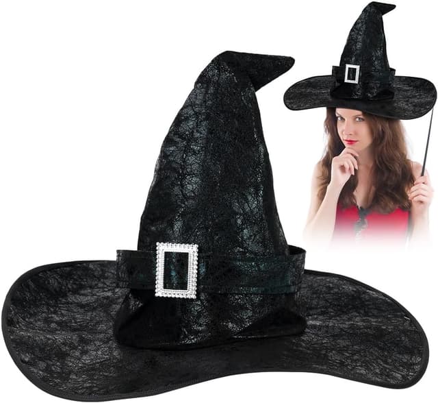 Detalle 2 de Aomig Hexenhut Schwarz – Zaubererhut als Kostüm-Zubehör für Halloween, Cosplay & Deko