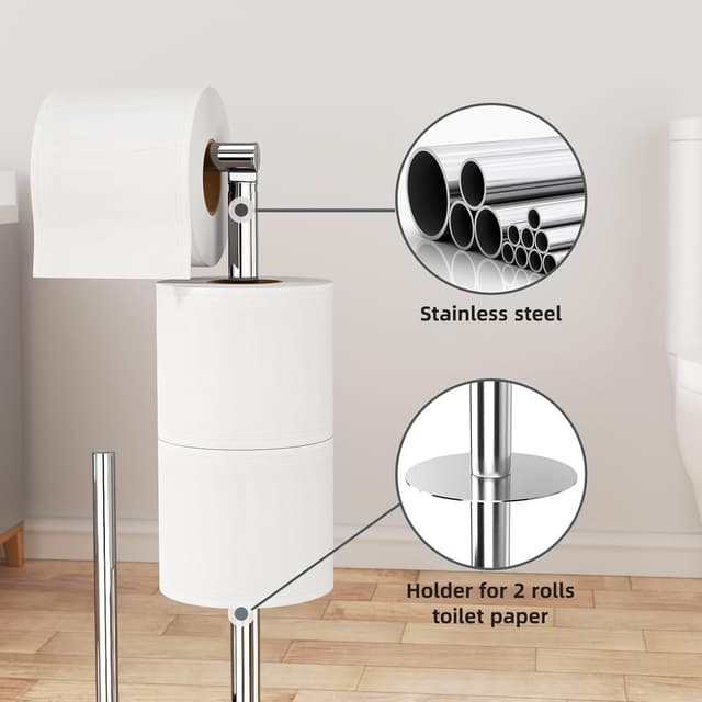Detalle de Porta carta igienica da terra con scopino in acciaio inox, piantana portarotolo e porta-spazzolino senza forare (argento lucido)