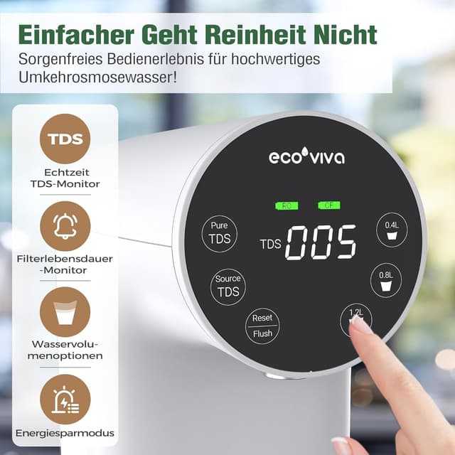 Detalle de Ecoviva Auftisch Osmoseanlage WP-RO-200G – Umkehrosmose-Wasserfilter mit 5-stufiger Filtration und TDS-Monitor