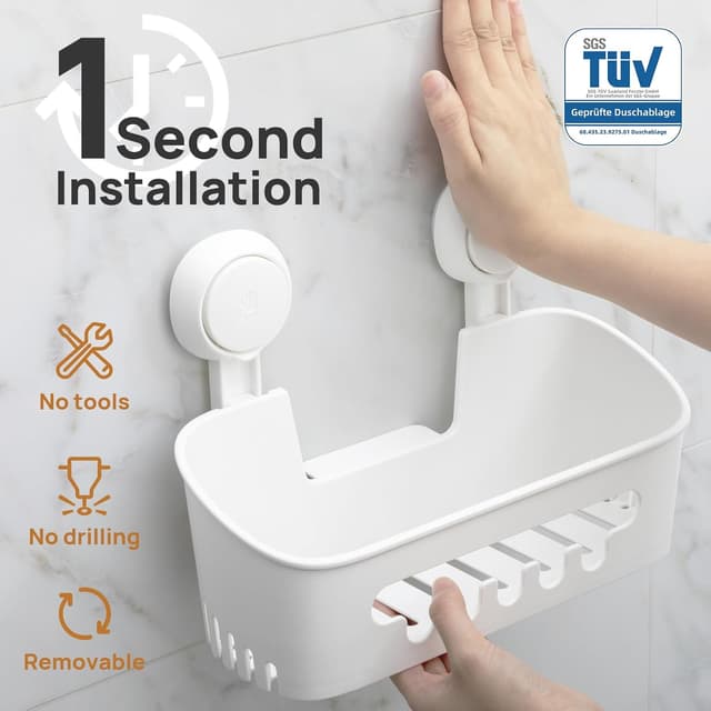 Detalle de LEVERLOC Suction Shower Caddy with 2 Baskets and No-Drill Storage Shelf (White)