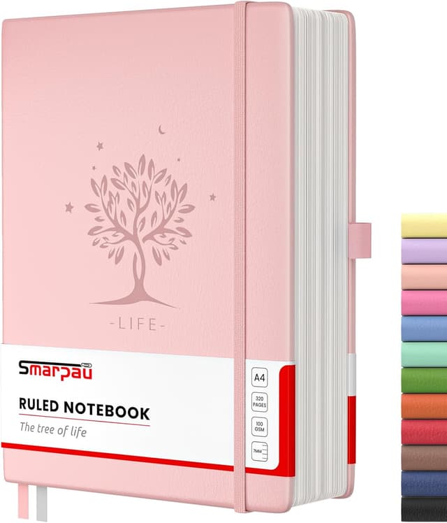 Detalle de Smarpau A4 Lined Notebook with Thick Hardcover Pink Leather Look Cover – 320 Pages, 100gsm Paper