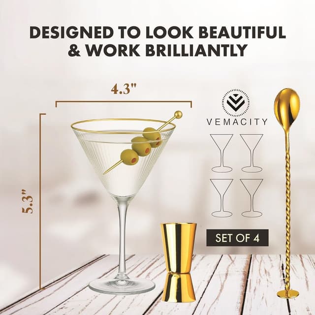 Thumbnail 4 de VEMACITY Ribbed Espresso Martini Glasses 7.4oz 🍸