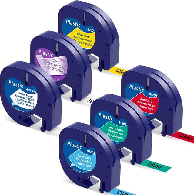 Detalle de 6er-Pack Etikettenband kompatibel mit DYMO LetraTag 12 mm x 4 m (UV-beständig, wasserfest) – bunt: Schwarz auf Klar/Weiß/Rot/Gelb/Blau/Grün