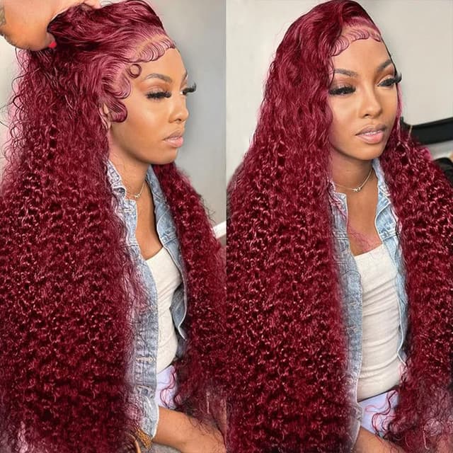 Detalle de KRKRYQ 30 Inch 99J Burgundy Deep Wave 13x6 HD Lace Front Human Hair Wig (180% Density)