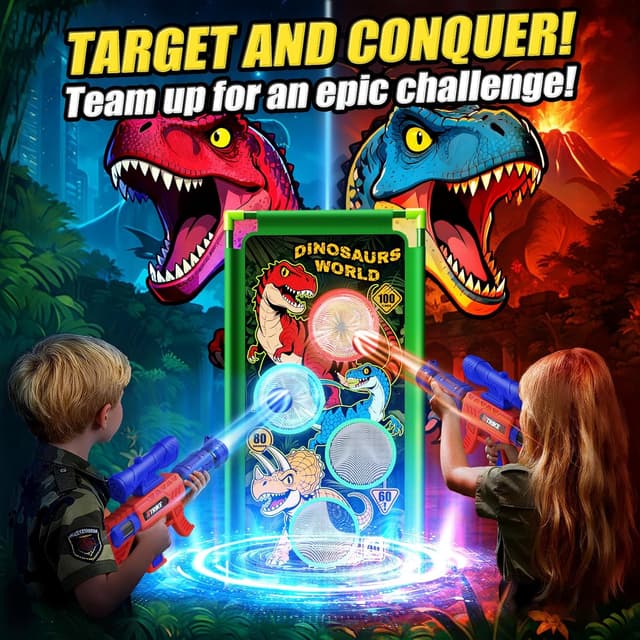 Detalle de Dinosaur Shooting Game Toys: 2 Air Pump Launchers With Foam Balls and Target Scoring Points